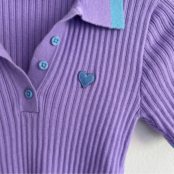 Lazy Oaf Sz US 2/XS Tiny Heart Polo Ribbed Knit Stretch Cotton Purple Cropped - Picture 10 of 10